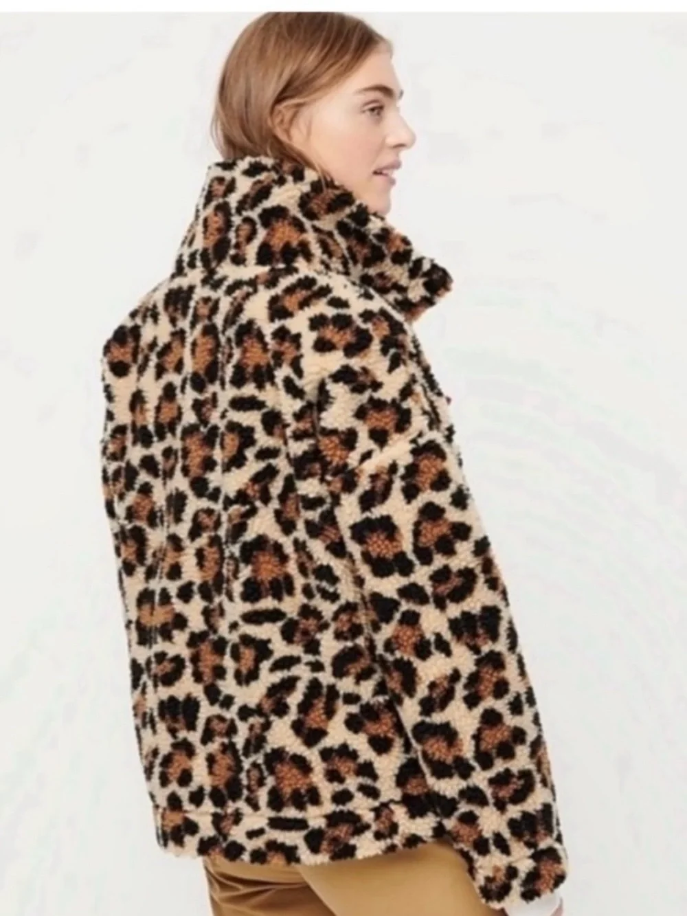 J. Crew Snap-Collar Sherpa Pullover Jacket in Leopard Print